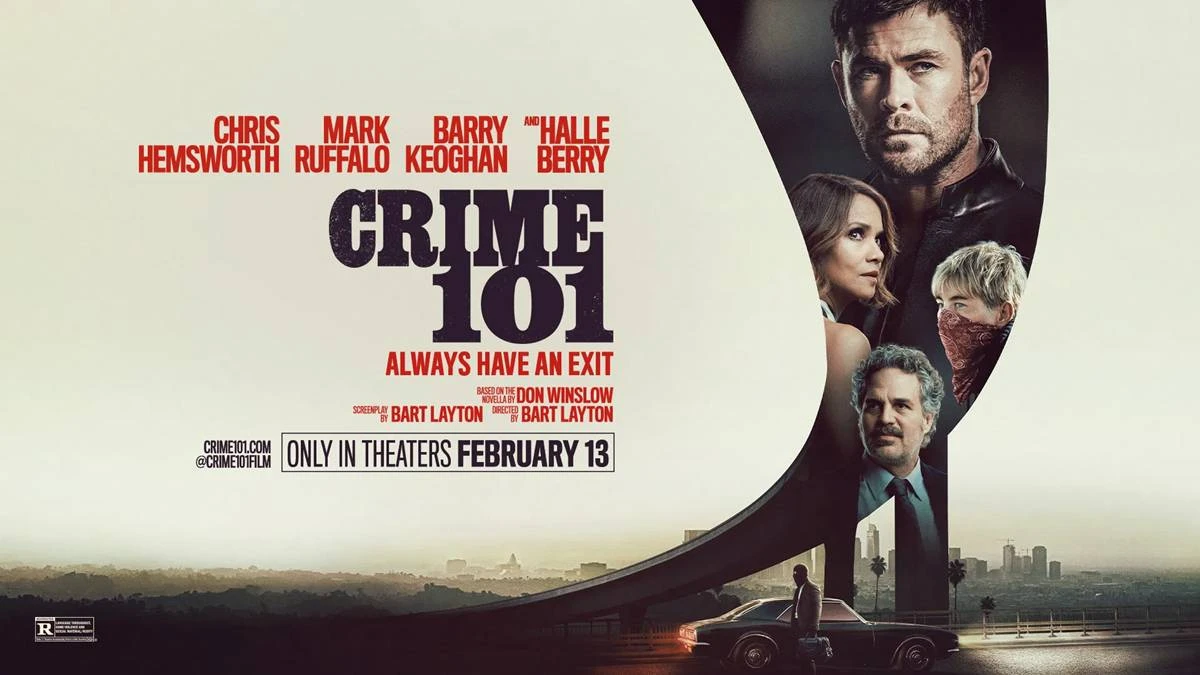 Pôster horizontal de "Caminhos do Crime" ("Crime 101"), filme de 2026, com elenco, nomes em vermelho, e lettering do nome em destaque em inglês em fundo cinza.