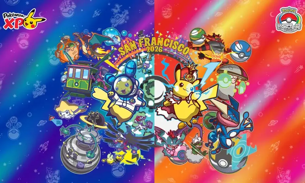 Pôster horizontal bicolor promocional ao campeonato de 2026 anual de Pokémon, em São Francisco, EUA. É o ano dos 30 anos de aniversário da franquia.