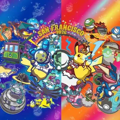 Pôster horizontal bicolor promocional ao campeonato de 2026 anual de Pokémon, em São Francisco, EUA. É o ano dos 30 anos de aniversário da franquia.