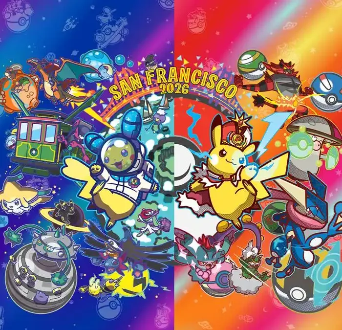 Pôster horizontal bicolor promocional ao campeonato de 2026 anual de Pokémon, em São Francisco, EUA. É o ano dos 30 anos de aniversário da franquia.