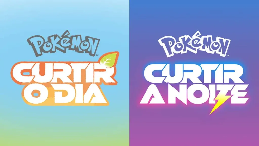 Cartazes de divulgação para "Pokémon: Curtir o Dia" e "Pokémon: Curtir a Noite" em comemoração aos 30 anos da franquia, respectivamente à esquerda e à direita. O esquema de cores segue um azul claro e degradê verde, como uma grama, abaixo, e o de noite em roxo e rosa.