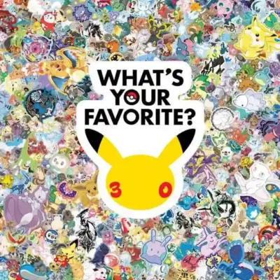 Pôster horizontal com vários pokémon estampados para a campanha "Qual seu favorito?", em inglês "What's your favorite", de Pokémon, para comemorar os 30 anos da franquia.