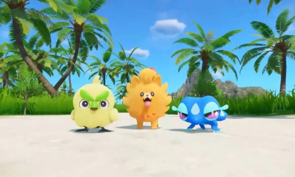 Pokémon iniciais da geração 10 de Pokémon, "Winds and Waves" ou "Ventos e Ondas", os pokémon Browt, Pombon and Gecqua, respectivamente do tipo planta, fogo, e água, um pássaro, um lulu da pomerânia, um lagarto.