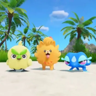 Pokémon iniciais da geração 10 de Pokémon, "Winds and Waves" ou "Ventos e Ondas", os pokémon Browt, Pombon and Gecqua, respectivamente do tipo planta, fogo, e água, um pássaro, um lulu da pomerânia, um lagarto.
