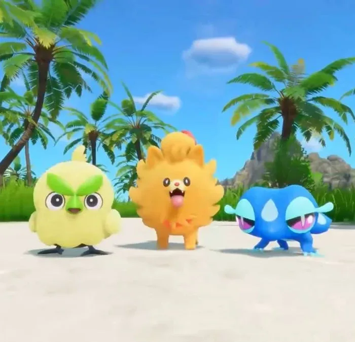 Pokémon iniciais da geração 10 de Pokémon, "Winds and Waves" ou "Ventos e Ondas", os pokémon Browt, Pombon and Gecqua, respectivamente do tipo planta, fogo, e água, um pássaro, um lulu da pomerânia, um lagarto.
