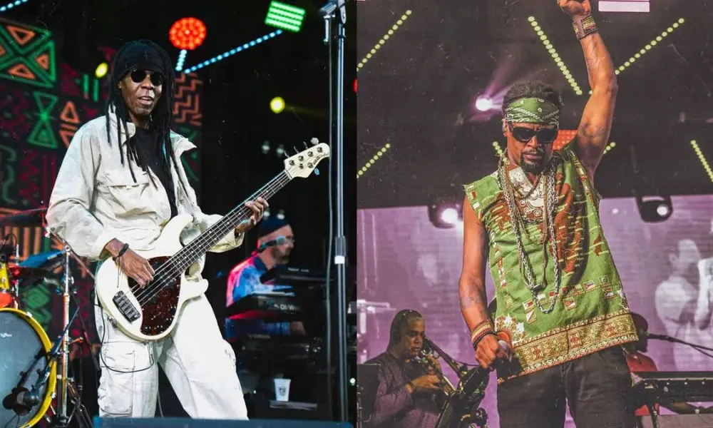Foto com colagem de Bino Farias, à esquerda, e à direita Toni Garrido em performance em reunião do Cidade Negra em 2026.