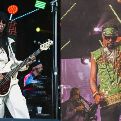 Foto com colagem de Bino Farias, à esquerda, e à direita Toni Garrido em performance em reunião do Cidade Negra em 2026.