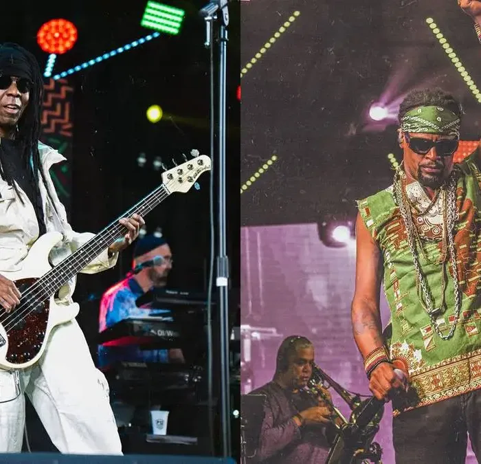 Foto com colagem de Bino Farias, à esquerda, e à direita Toni Garrido em performance em reunião do Cidade Negra em 2026.