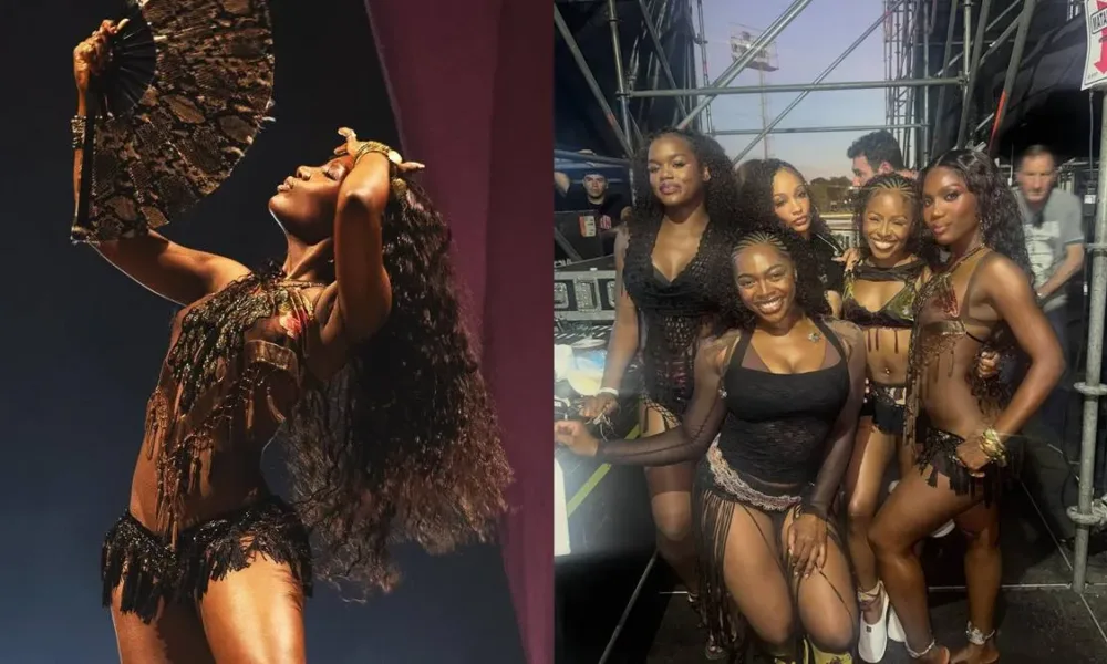 Doechii em colagem com duas fotos em show no Lollapalooza 2026 em Buenos Aires.