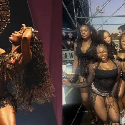 Doechii em colagem com duas fotos em show no Lollapalooza 2026 em Buenos Aires.