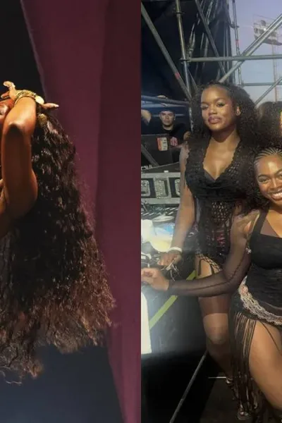 Doechii em colagem com duas fotos em show no Lollapalooza 2026 em Buenos Aires.