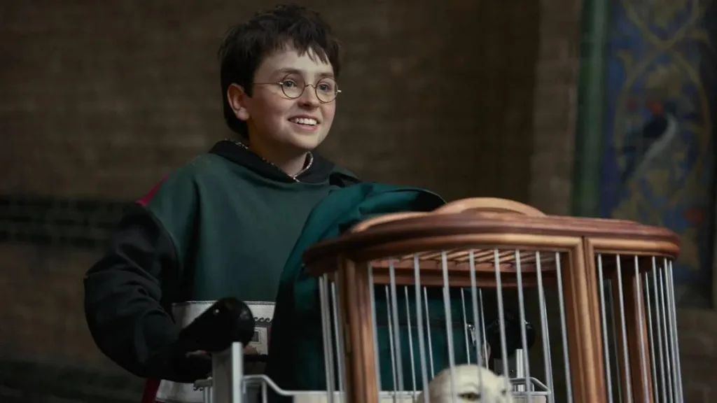 Dominic McLaughlin no primeiro trailer da série de "Harry Potter", da HBO. Ator mirim está vestido de verde, com luvas, e empurra um carrinho com seus pertences, sorrindo, na plataforma 9 3/4.