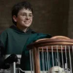 Dominic McLaughlin no primeiro trailer da série de "Harry Potter", da HBO. Ator mirim está vestido de verde, com luvas, e empurra um carrinho com seus pertences, sorrindo, na plataforma 9 3/4.