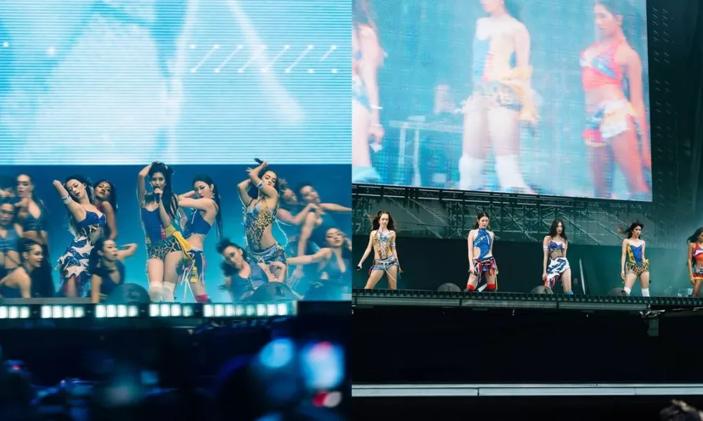 Duas fotos das meninas do Katseye em show na Colômbia em 2026.