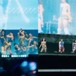 Duas fotos das meninas do Katseye em show na Colômbia em 2026.