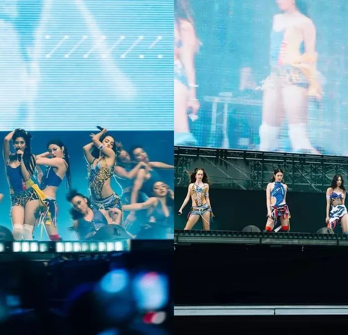 Duas fotos das meninas do Katseye em show na Colômbia em 2026.