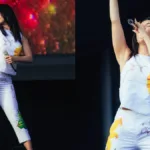 Colagem com duas fotos de Marina durante seu show no Lollapalooza 2026. Cantora está vestida de branco com estampas de ipê amarelo, flor símbolo do Brasil.