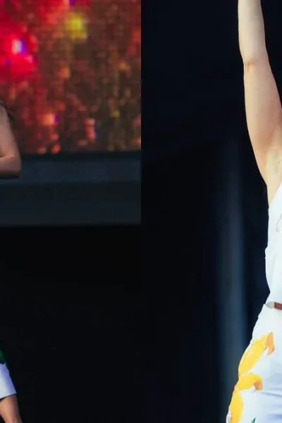 Colagem com duas fotos de Marina durante seu show no Lollapalooza 2026. Cantora está vestida de branco com estampas de ipê amarelo, flor símbolo do Brasil.