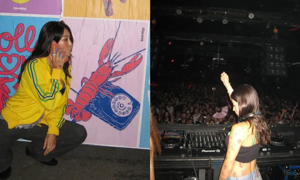 Colagem de fotos de passagem de Peggy Gou no Brasil para sua vinda para o Lollapalooza 2026. A primeira com ela em posição de cócoras ao lado de uma parede do festival, vestida com uma camiseta do Brasil, e à direita apresentando-se em set.