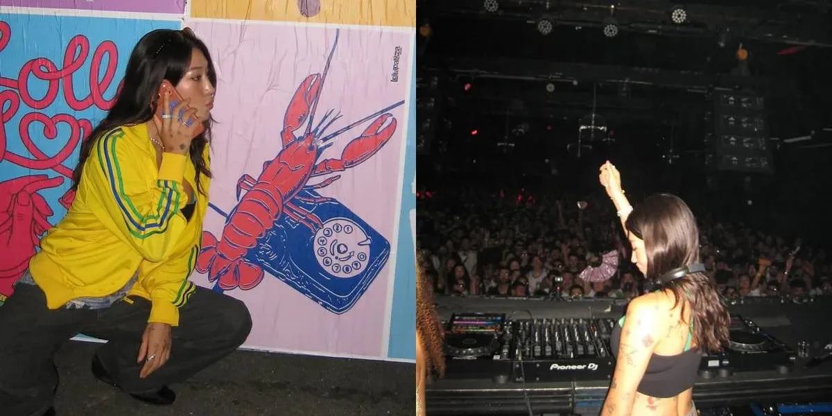 Colagem de fotos de passagem de Peggy Gou no Brasil para sua vinda para o Lollapalooza 2026. A primeira com ela em posição de cócoras ao lado de uma parede do festival, vestida com uma camiseta do Brasil, e à direita apresentando-se em set.