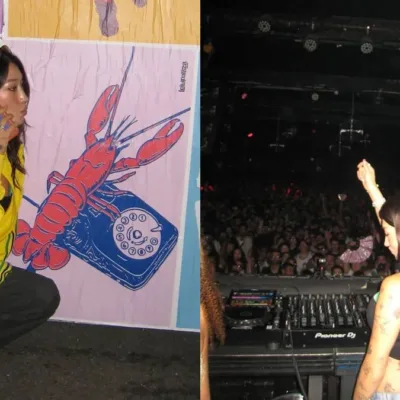 Colagem de fotos de passagem de Peggy Gou no Brasil para sua vinda para o Lollapalooza 2026. A primeira com ela em posição de cócoras ao lado de uma parede do festival, vestida com uma camiseta do Brasil, e à direita apresentando-se em set.