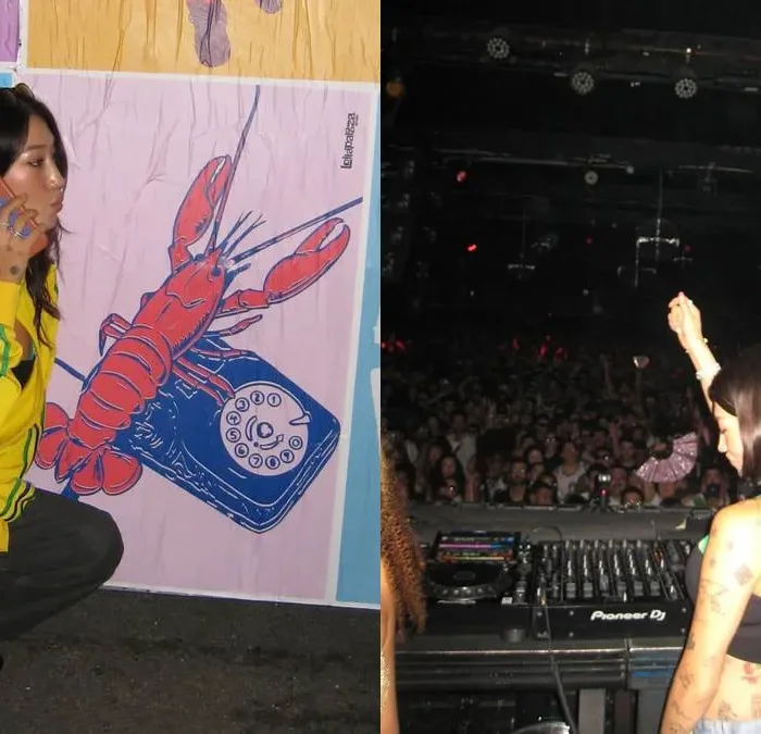 Colagem de fotos de passagem de Peggy Gou no Brasil para sua vinda para o Lollapalooza 2026. A primeira com ela em posição de cócoras ao lado de uma parede do festival, vestida com uma camiseta do Brasil, e à direita apresentando-se em set.
