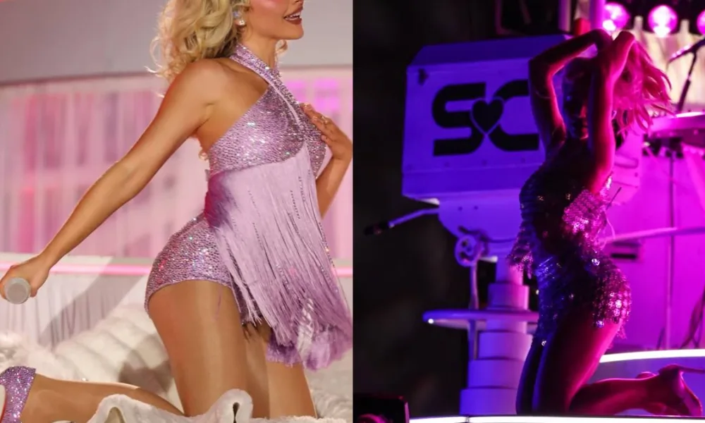 Sabrina Carpenter em colagem com duas fotos em show no Lollapalooza 2026 em Santiago.