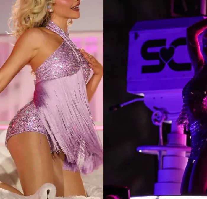 Sabrina Carpenter em colagem com duas fotos em show no Lollapalooza 2026 em Santiago.