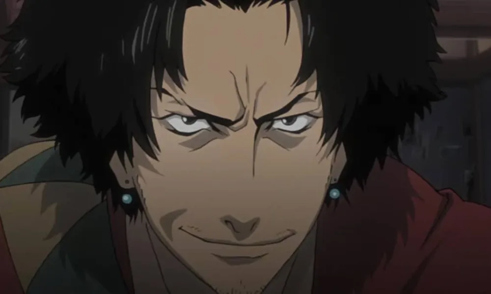 Frame do primeiro episódio, imagem de divulgação, com o protagonista de Samurai Champloo, Jin, com a expressão confiante e séria na animação de 2004.