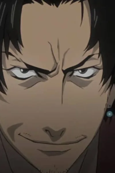 Frame do primeiro episódio, imagem de divulgação, com o protagonista de Samurai Champloo, Jin, com a expressão confiante e séria na animação de 2004.