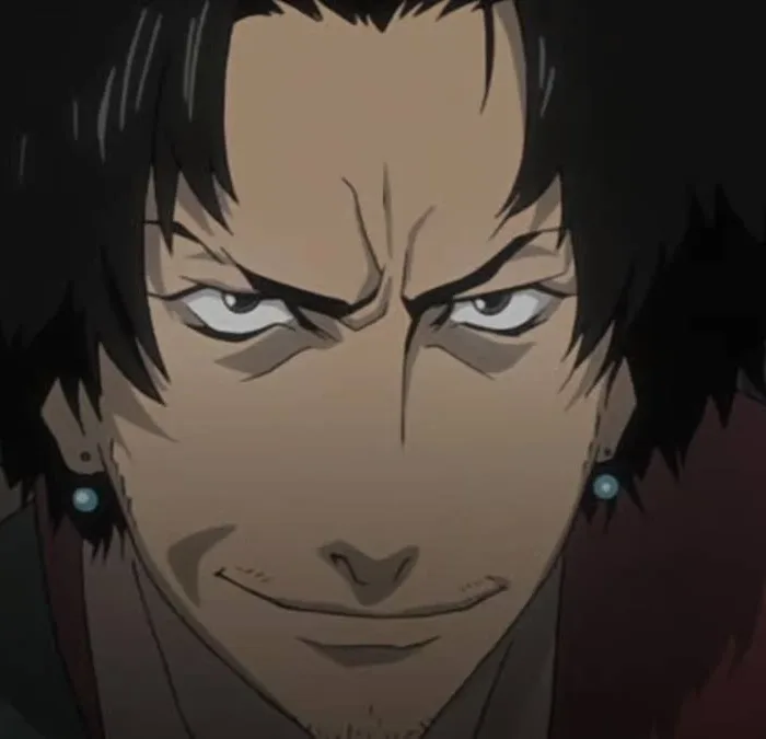 Frame do primeiro episódio, imagem de divulgação, com o protagonista de Samurai Champloo, Jin, com a expressão confiante e séria na animação de 2004.