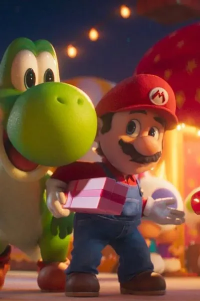 Yoshi entre Mario e Luigi, Mario com um presente, enquanto encaram Toad, de costas, em festa no Reino Cogumelo de noite em "Super Mario Galaxy", o filme.