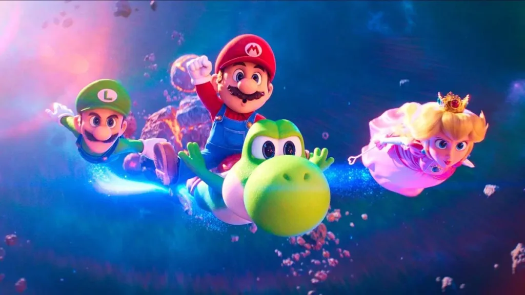 Mario montado em Yoshi ao lado de Luigi e Peach voando no espaço em "Super Mario Galaxy", o filme.