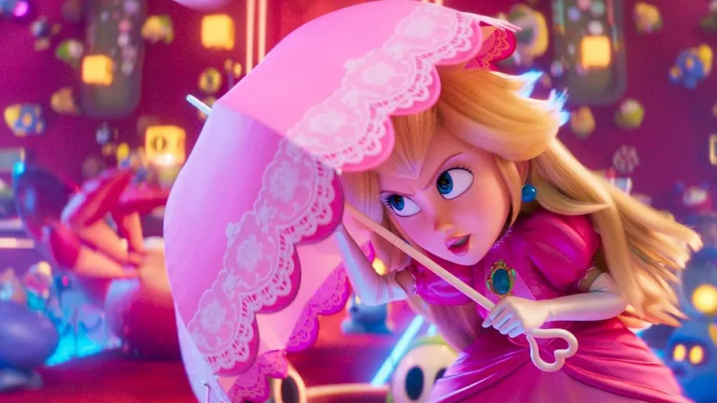Peach protegendo-se e lutando com seu guarda-chuva rosa em sequência animada de "Super Mario Galaxy", o filme.