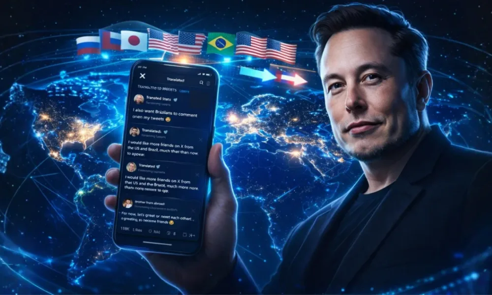 Imagem gerada por IA com busto realista de Elon Musk segurando celular, ligado no aplicativo do X, com um globo ao fundo com bandeiras de vários planetas brilhando em um vibrante azul tecnológico.