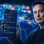 Imagem gerada por IA com busto realista de Elon Musk segurando celular, ligado no aplicativo do X, com um globo ao fundo com bandeiras de vários planetas brilhando em um vibrante azul tecnológico.