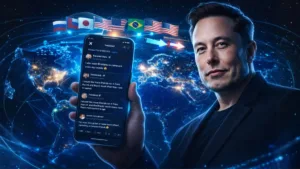 Imagem gerada por IA com busto realista de Elon Musk segurando celular, ligado no aplicativo do X, com um globo ao fundo com bandeiras de vários planetas brilhando em um vibrante azul tecnológico.