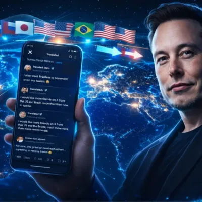 Imagem gerada por IA com busto realista de Elon Musk segurando celular, ligado no aplicativo do X, com um globo ao fundo com bandeiras de vários planetas brilhando em um vibrante azul tecnológico.