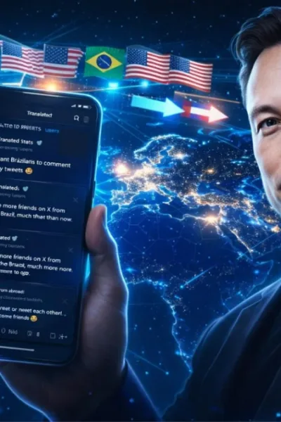 Imagem gerada por IA com busto realista de Elon Musk segurando celular, ligado no aplicativo do X, com um globo ao fundo com bandeiras de vários planetas brilhando em um vibrante azul tecnológico.