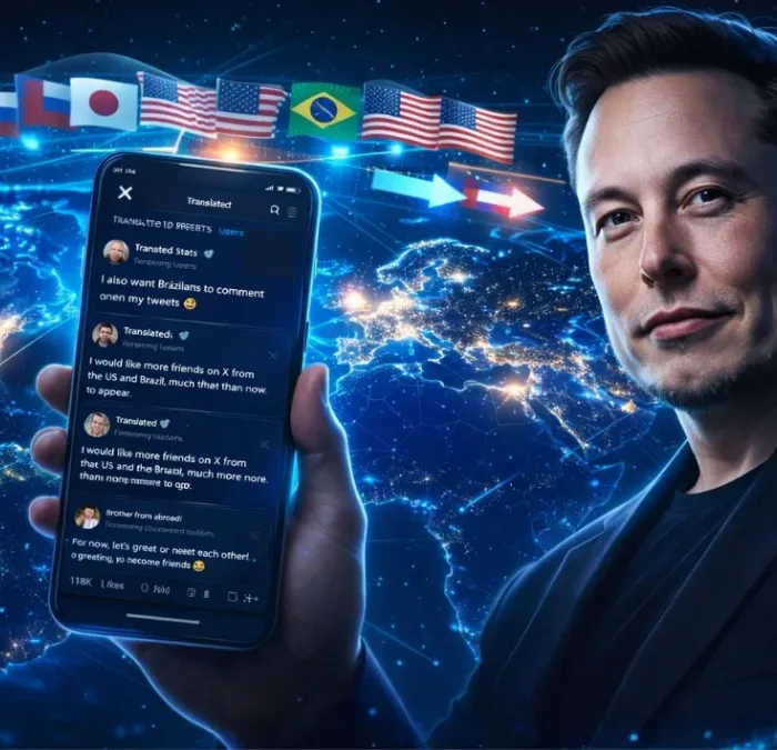 Imagem gerada por IA com busto realista de Elon Musk segurando celular, ligado no aplicativo do X, com um globo ao fundo com bandeiras de vários planetas brilhando em um vibrante azul tecnológico.