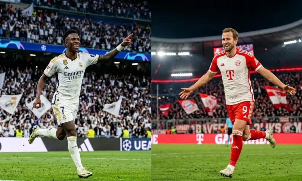 Colagem com duas imagens de jogadores correndo em campo em direções diferentes: Vini Jr. (esquerda) do Real Madrid, e Harry Kane, do Bayern de Munique, para jogo de 15/04/26, jogo de volta da Champions. Imagem gerada por inteligência artificial.