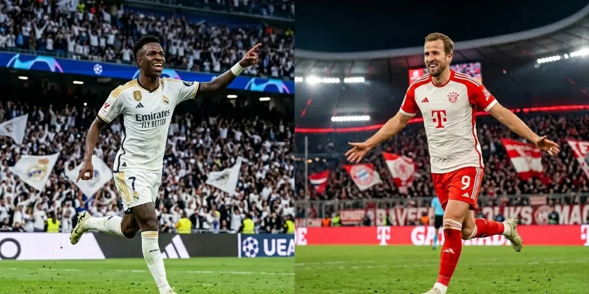 Bayern Vira nos Acréscimos, Elimina o Real Madrid e Avança à Semifinal da Champions Colagem com duas imagens de jogadores correndo em campo em direções diferentes: Vini Jr. (esquerda) do Real Madrid, e Harry Kane, do Bayern de Munique, para jogo de 15/04/26, jogo de volta da Champions. Imagem gerada por inteligência artificial.