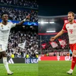 Colagem com duas imagens de jogadores correndo em campo em direções diferentes: Vini Jr. (esquerda) do Real Madrid, e Harry Kane, do Bayern de Munique, para jogo de 15/04/26, jogo de volta da Champions. Imagem gerada por inteligência artificial.