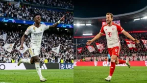 Colagem com duas imagens de jogadores correndo em campo em direções diferentes: Vini Jr. (esquerda) do Real Madrid, e Harry Kane, do Bayern de Munique, para jogo de 15/04/26, jogo de volta da Champions. Imagem gerada por inteligência artificial.