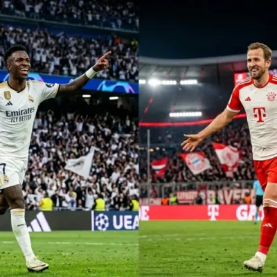 Colagem com duas imagens de jogadores correndo em campo em direções diferentes: Vini Jr. (esquerda) do Real Madrid, e Harry Kane, do Bayern de Munique, para jogo de 15/04/26, jogo de volta da Champions. Imagem gerada por inteligência artificial.
