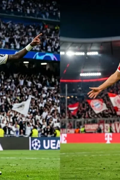 Bayern Vira nos Acréscimos, Elimina o Real Madrid e Avança à Semifinal da Champions Colagem com duas imagens de jogadores correndo em campo em direções diferentes: Vini Jr. (esquerda) do Real Madrid, e Harry Kane, do Bayern de Munique, para jogo de 15/04/26, jogo de volta da Champions. Imagem gerada por inteligência artificial.