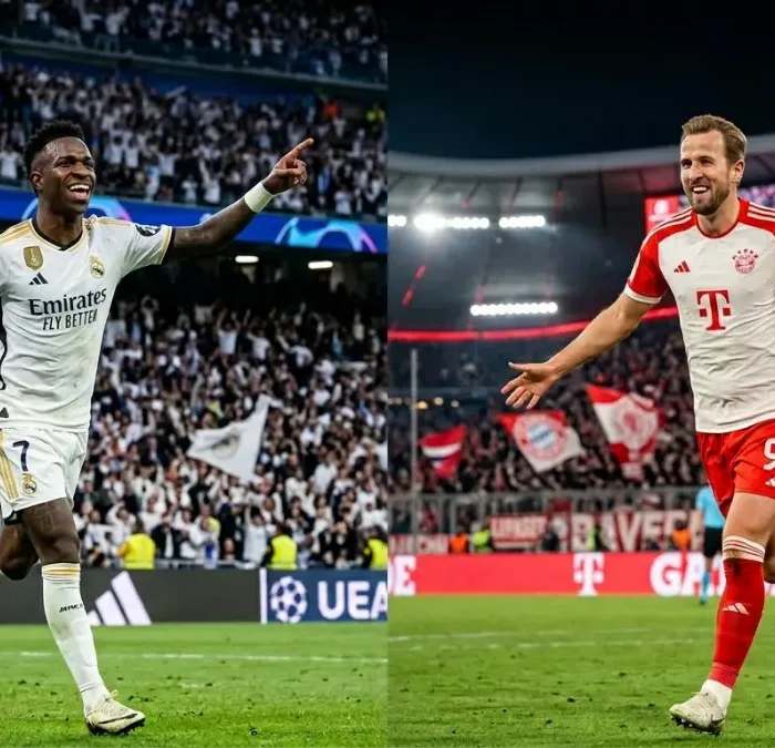 Colagem com duas imagens de jogadores correndo em campo em direções diferentes: Vini Jr. (esquerda) do Real Madrid, e Harry Kane, do Bayern de Munique, para jogo de 15/04/26, jogo de volta da Champions. Imagem gerada por inteligência artificial.