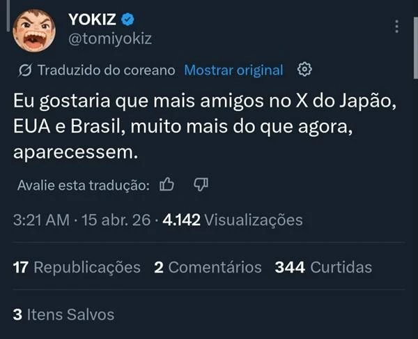 Tweet traduzido do coreano exibindo nova ferramenta do twitter de tradução automática. Usuário celebra união com brasileiros.