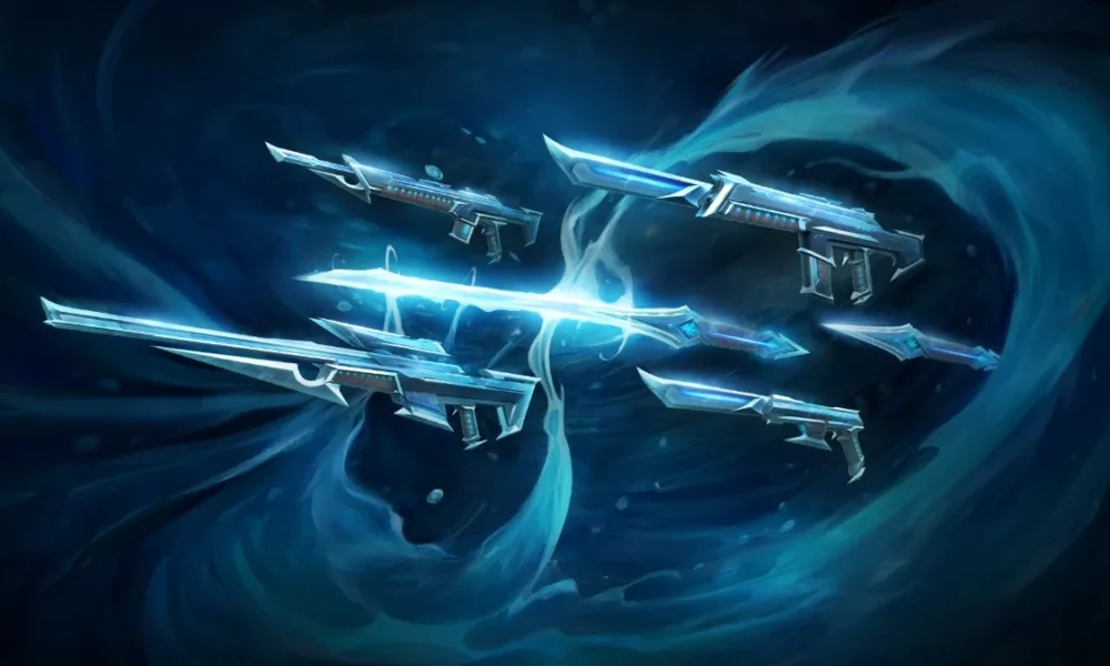 Destaque para armas em azul da linha Kuronami Collection do Valorant em 2026.