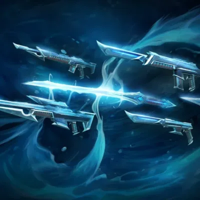 Destaque para armas em azul da linha Kuronami Collection do Valorant em 2026.